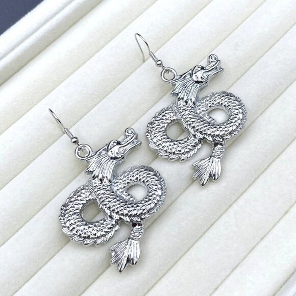 Silver Intricate Asian Inspired Mythical Dragon Dangling Drop Hook Earrings - Picture 5 of 9